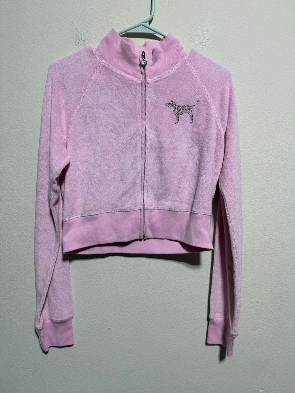 Vintage Victoria's Secret PINK Terry Cloth Rhinestone Bling Crop Zip-Up Jacket